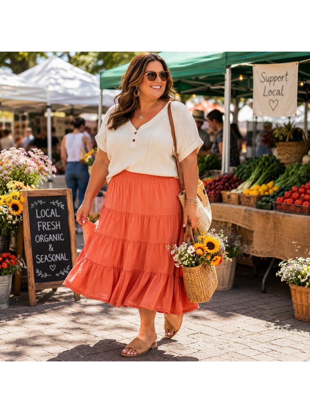 Caren Sport Orange Linen Blend Tiered Midi Skirt 2X - Vintage Y2K